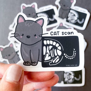 Puede incluir: Una pegatina de gato gris con una ilustración de dibujos animados de un gato y una imagen de rayos X de un esqueleto de gato. La pegatina dice "CAT scan" y "soap note ink".