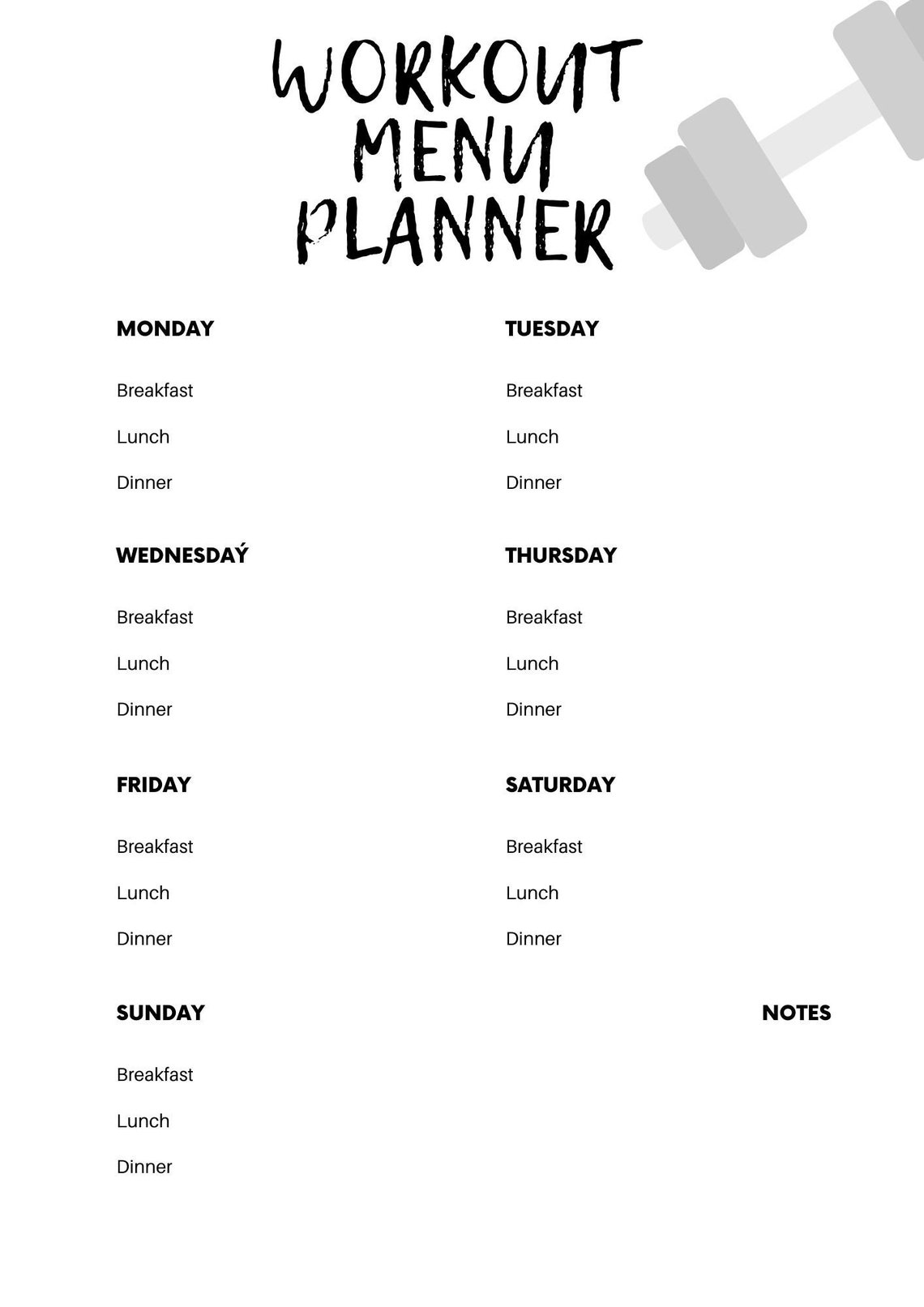 Workout Meal Fitness Menu Planner WHITE Printable Instant Etsy