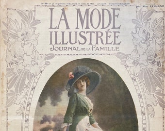 May include: A vintage magazine cover featuring a woman in a white dress and a green jacket, sitting on a stone railing. The magazine is called "La Mode Illustrée Journal de la Famille" and the cover is decorated with floral designs.