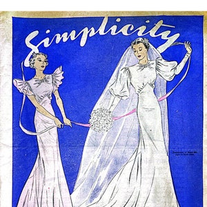 May include: A vintage Simplicity pattern cover featuring two women in wedding dresses. The cover is blue with the word "Simplicity" in white lettering. The text "Fashion Forecast for June 1956" is printed below the image. The pattern numbers 2050 are printed below each woman.