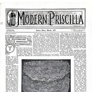 May include: Vintage magazine page from March 1899, titled "Modern Priscilla," featuring an article on Mountmellick embroidery. The page includes detailed text, illustrations, and a decorative border, showcasing historical needlework techniques.