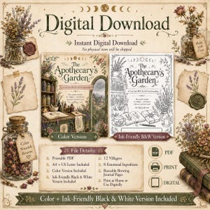 May include: A digital download set titled The Apothecary's Garden, featuring a color and a black-and-white version of a solo RPG journaling game. Includes printable PDF files in A4 and US Letter sizes, with illustrations of jars, herbs, and books.