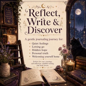 May include: A journal with the text Reflect, Write & Discover, featuring a list of themes including Quiet feelings, Letting go, Hidden hope, Personal truth, and Welcoming yourself home. An open book with a fountain pen sits before a black cat.