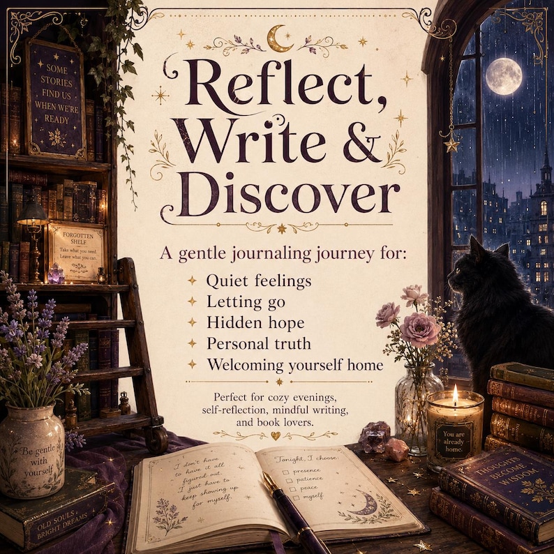 May include: A journal with the text Reflect, Write & Discover, featuring a list of themes including Quiet feelings, Letting go, Hidden hope, Personal truth, and Welcoming yourself home. An open book with a fountain pen sits before a black cat.