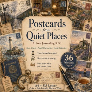 Könnte beinhalten: Ein Spielcover mit dem Titel Postcards from Quiet Places, ein Solo-Journaling-Rollenspiel. Das Design zeigt Postkarten im Vintage-Stil, einen Kompass, einen Füllfederhalter und eine Teetasse. Der Text enthält 36 Printable Pages, A4 + US Letter.