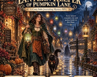 May include: The Lantern Keeper of Pumpkin Lane is a cosy solo journaling mystery RPG featuring 40 printable pages, 8 lantern visits, and A4 plus US letter formats. The cover art depicts a hooded figure holding a glowing lantern with a black cat.