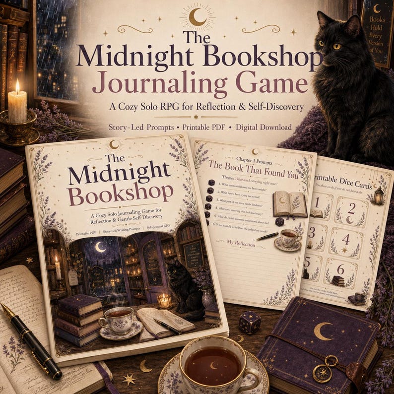 May include: The Midnight Bookshop Journaling Game, a solo RPG, features a printed manual with a bookstore illustration, a Chapter 1 prompt sheet, and a printable dice card sheet. A black cat, a fountain pen, and a teacup are also present.
