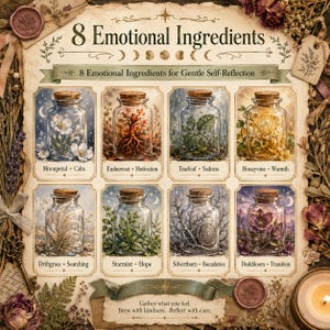 May include: A decorative print titled 8 Emotional Ingredients featuring eight glass jars with cork stoppers, each containing unique botanical elements labeled with names like Moonpetal, Emberroot, Tearleaf, Honeyvine, Driftgrass, Starmint, Silverthorn, and Duskbloom.