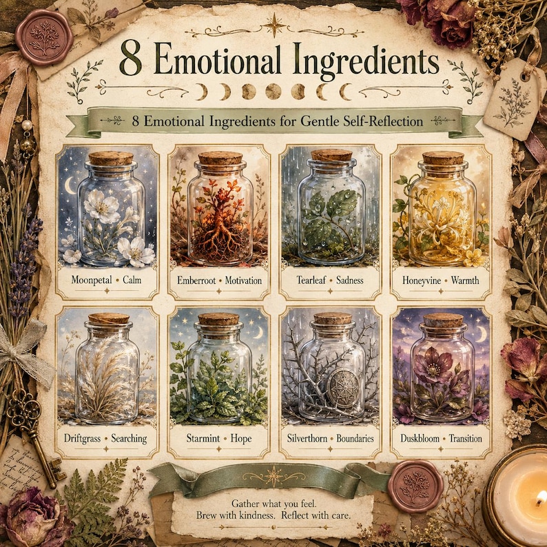 May include: A decorative print titled 8 Emotional Ingredients featuring eight glass jars with cork stoppers, each containing unique botanical elements labeled with names like Moonpetal, Emberroot, Tearleaf, Honeyvine, Driftgrass, Starmint, Silverthorn, and Duskbloom.