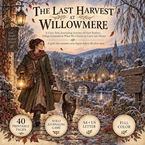 Könnte beinhalten: Ein Solo-Journaling-Spiel mit dem Titel The Last Harvest at Willowmere, das eine Person in einem langen Mantel mit Laterne und Korb sowie eine Katze zeigt. Das Bild enthält Text, eine Dorfszene mit Steinbrücke und vier runde Abzeichen für 40 druckbare Seiten, Solo-Journaling-Spiel, A4- und US-Letter-Format sowie Vollfarbe.