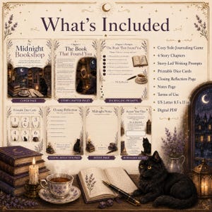 May include: A digital journaling game kit titled The Midnight Bookshop, featuring a cover page, story chapters, prompts, dice cards, and reflection pages. The set includes a list of contents, a black cat illustration, and 21.59 x 27.94 cm paper sizing.