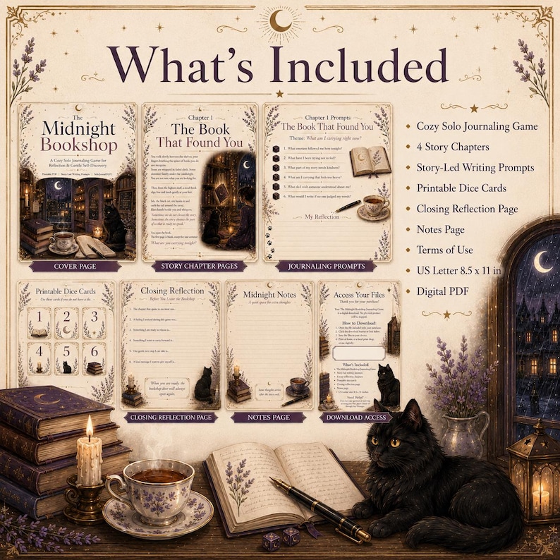 May include: A digital journaling game kit titled The Midnight Bookshop, featuring a cover page, story chapters, prompts, dice cards, and reflection pages. The set includes a list of contents, a black cat illustration, and 21.59 x 27.94 cm paper sizing.