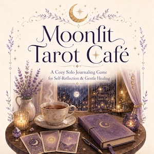 Könnte beinhalten: Ein Spielschachtel-Cover mit dem Titel Moonlit Tarot Café: A Cozy Solo Journaling Game for Self-Reflection & Gentle Healing. Die Illustration zeigt einen Tisch mit einer dampfenden Teetasse, drei Tarotkarten, einem lila Tagebuch, einem Stift und Kerzen.