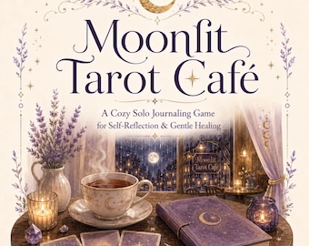 May include: A game box cover titled Moonlit Tarot Café: A Cozy Solo Journaling Game for Self-Reflection & Gentle Healing. The illustration features a table with a steaming teacup, three tarot cards, a purple journal, a pen, and candles.