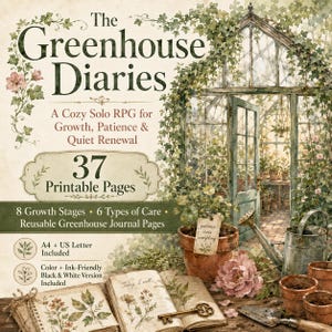 May include: The Greenhouse Diaries, a solo RPG with 37 printable pages, features a watercolour illustration of a greenhouse, terracotta pots, a metal watering can, a trowel, and an open journal with botanical sketches and a vintage brass key.