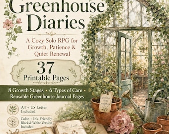 May include: The Greenhouse Diaries, a solo RPG with 37 printable pages, features a watercolor illustration of a greenhouse, terracotta pots, a metal watering can, a trowel, and an open journal with botanical sketches and a vintage brass key.