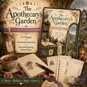 May include: The Apothecary's Garden tabletop game set includes a rulebook, journal pages, and cards. Features a tea cup, a fountain pen, and glass jars filled with dried herbs. The text reads The Apothecary's Garden, A Cozy Solo RPG for Self-Care Journaling.