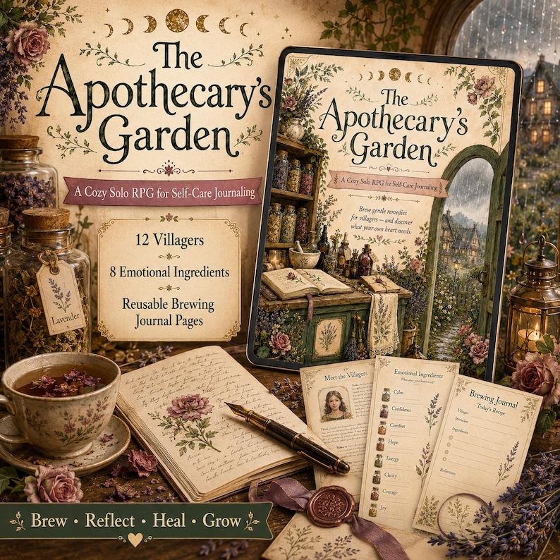 May include: The Apothecary's Garden tabletop game set includes a rulebook, journal pages, and cards. Features a tea cup, a fountain pen, and glass jars filled with dried herbs. The text reads The Apothecary's Garden, A Cozy Solo RPG for Self-Care Journaling.