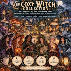 Peut inclure: The Cozy Witch Collection propose six jeux de rôle en solo sur les potions, bougies, familiers, météo, signes naturels et marchés lunaires. L'image montre six sorcières dans un village, 218 pages imprimables, formats A4 et US Letter.