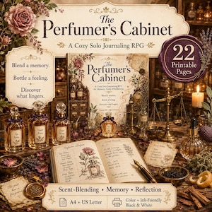 Może przedstawiać: Cyfrowy zestaw zatytułowany The Perfumer's Cabinet, przytulna gra RPG do prowadzenia dziennika w pojedynkę. Zestaw zawiera 22 strony do druku, rejestr perfum, notatki zapachowe i instrukcje. Zawiera grafiki w stylu vintage przedstawiające butelki perfum, wagi i ilustracje botaniczne na rustykalnej drewnianej powierzchni.