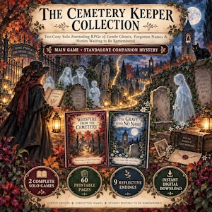 Könnte beinhalten: The Cemetery Keeper Collection enthält zwei Solo-Rollenspiele, Whispers from the Cemetery und The Grave with No Name. Das Cover zeigt eine Person in einem dunklen Umhang mit Laterne und Buch in einem Friedhof mit Geistern und einer schwarzen Katze.