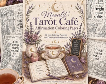 Moonlit Tarot Café Affirmation Coloring Pages | Cozy Self-Care, Mindfulness PDF