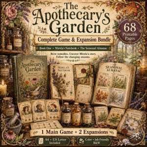 Puede incluir: Un paquete de juego imprimible titulado The Apothecary's Garden, con 68 páginas que incluyen Book One, Mirela's Notebook y The Seasonal Almanac. El set incluye cartas ilustradas, frascos de pociones y rastreadores de juego con motivos botánicos.