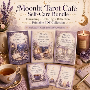 May include: A Moonlit Tarot Café self-care bundle featuring a journaling game, reflection journal, colouring storybook, and affirmation cards. The printable PDF collection includes purple-toned covers with illustrations of cosy café scenes, lavender, and crescent moons.
