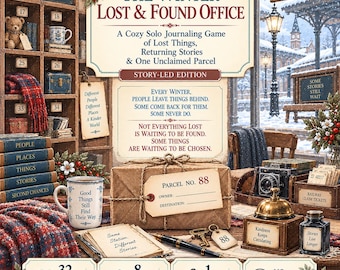 May include: The Winter Lost & Found Office solo journaling game features a brown paper-wrapped parcel labeled Parcel No. 88, a white mug with text, a fountain pen, a brass key, a service bell, and an inkwell on a desk with game details.