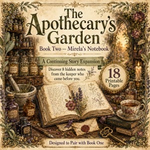 Może przedstawiać: The Apothecary's Garden Book Two - Mirela's Notebook przedstawia otwarty dziennik z ilustracjami botanicznymi, moździerzem, tłuczkiem, kałamarzem, piórem, kopertą z pieczęcią lakową i filiżanką herbaty. Tekst zawiera 18 Printable Pages.