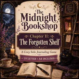 May include: The Midnight Bookshop Chapter II: The Forgotten Shelf is a cozy solo journaling game. The cover features a black cat, an open book with a fountain pen, a lit candle, and a teacup. Text includes US LETTER + A4 INCLUDED.
