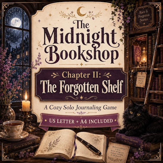 The Forgotten Shelf Solo Journaling Game | Cozy Bookshop Writing Prompts (PDF Download)