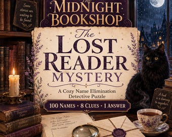 May include: The Midnight Bookshop The Lost Reader Mystery puzzle box features a cream-coloured label with purple text, a black cat, a magnifying glass, an open book with case notes, a sealed envelope, and a teacup on a wooden desk.