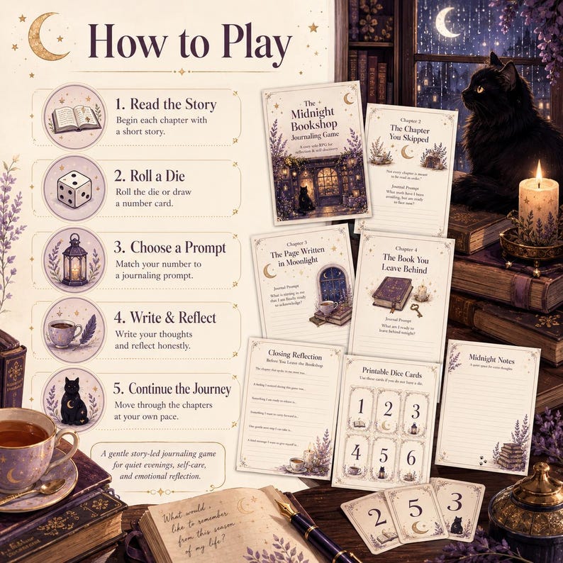 May include: A Midnight Bookshop journaling game set featuring a How to Play instruction sheet, multiple illustrated chapter cards, printable dice cards, and numbered cards. The design includes a black cat, candles, books, and lavender accents.