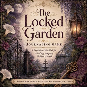 Op de afbeelding: Een digitale spelcover getiteld The Locked Garden Journaling Game, met een tuin bij maanlicht met een smeedijzeren hek, een fontein, een gloeiende lantaarn, witte bloemen en een gouden sleutel op een paars boek met gouden details.