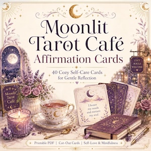 May include: Moonlit Tarot Café Affirmation Cards set featuring 40 self-care cards for gentle reflection. The design includes a teacup, a purple journal, a lit candle, and floral accents with text reading Moonlit Tarot Café and Cozy Souls Welcome.