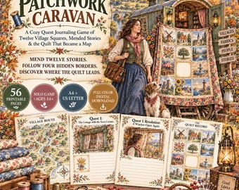 May include: The Patchwork Caravan is a solo journaling game featuring 56 printable pages in A4 and US Letter sizes. The set includes game sheets, a quilt-themed map, and instructions for a quest involving village squares and mended stories.