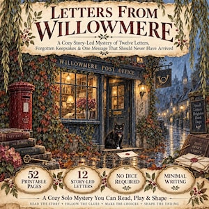 Puede incluir: Juego de misterio Letters From Willowmere con una escena de oficina de correos, un gato negro, un buzón rojo y cartas. Texto: Letters From Willowmere, 52 Printable Pages, 12 Story-Led Letters, No Dice Required, Minimal Writing.