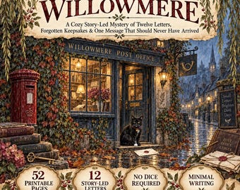 May include: Letters From Willowmere mystery game featuring a post office scene with a black cat, red mailbox, and stacks of letters. Text includes: Letters From Willowmere, 52 Printable Pages, 12 Story-Led Letters, No Dice Required, Minimal Writing.