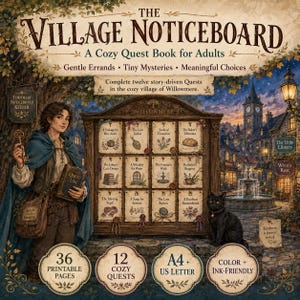 Può includere: Una copertina di libro intitolata The Village Noticeboard, A Cozy Quest Book for Adults, con una persona in mantello blu che tiene una chiave e un Quest Log. Una bacheca mostra dodici missioni nel villaggio di Willowmere, con un gatto nero.