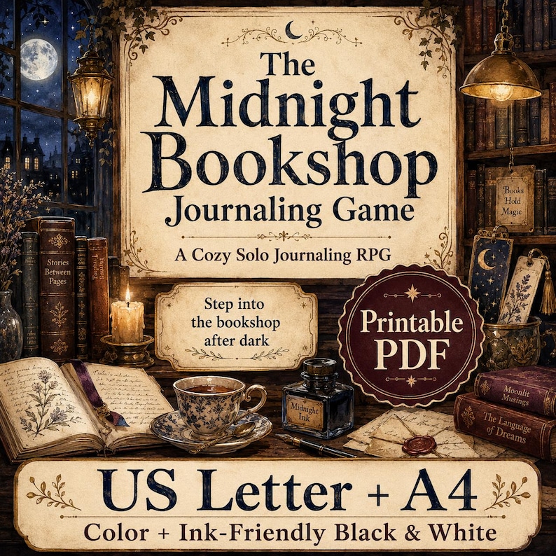 May include: The Midnight Bookshop Journaling Game is a printable PDF featuring a title card, a teacup on a saucer, an inkwell, and an open book. The text includes 'Step into the bookshop after dark', 'Printable PDF', and 'US Letter + A4'.