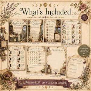 May include: A printable game set titled The Apothecary's Garden, featuring eight pages including a cover, welcome page, how to play, ingredient reference, customer deck, almanac, garden notes, and brewing journal, with floral and botanical illustrations.