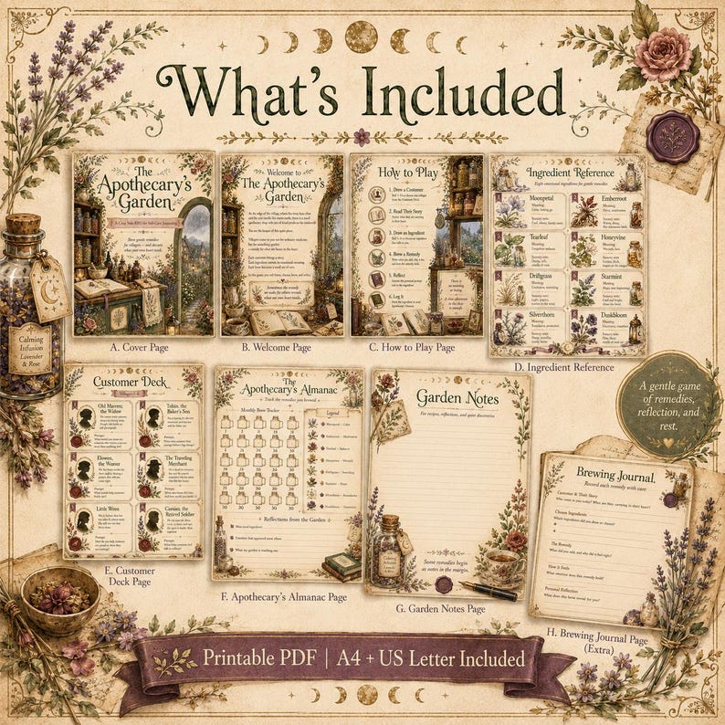 May include: A printable game set titled The Apothecary's Garden, featuring eight pages including a cover, welcome page, how to play, ingredient reference, customer deck, almanac, garden notes, and brewing journal, with floral and botanical illustrations.