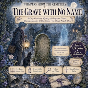 Puede incluir: Una portada de juego digital titulada Whispers from the Cemetery: The Grave with No Name. Muestra a una persona de pelo azul sosteniendo un farol, un gato negro, una lápida, un fantasma, una campana, una llave, hilo y un sobre sellado.