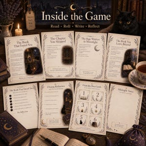 May include: A collection of eight printed game sheets titled Inside the Game, featuring chapters and prompts for reading, rolling, writing, and reflecting. The pages include illustrations of black cats, books, candles, and moons, with decorative floral borders on cream-coloured paper.