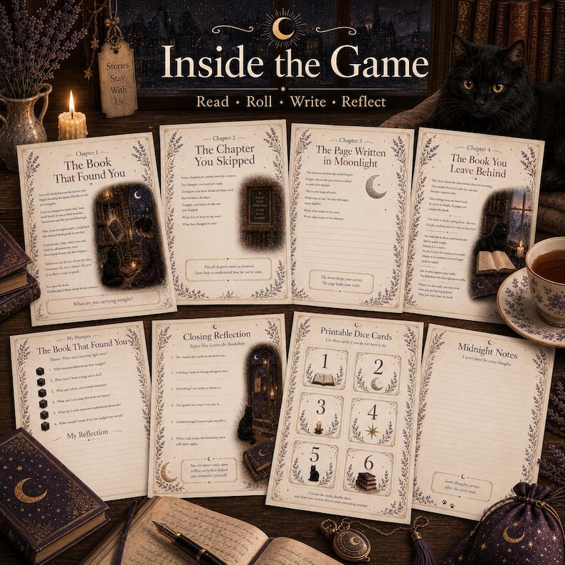May include: A collection of eight printed game sheets titled Inside the Game, featuring chapters and prompts for reading, rolling, writing, and reflecting. The pages include illustrations of black cats, books, candles, and moons, with decorative floral borders on cream-coloured paper.