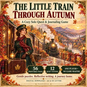 Peut inclure: The Little Train Through Autumn est un jeu de journalisation en solo illustré d'un voyageur en manteau vert avec une lanterne et une valise. La couverture montre un train sur un quai, des feuilles d'automne et 56 pages imprimables avec 12 stations.