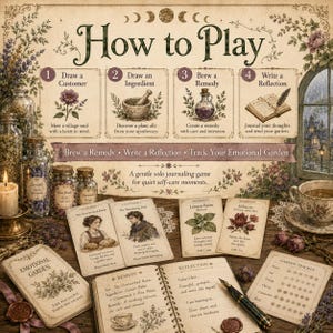 May include: A solo journaling game titled How to Play, featuring four steps: Draw a Customer, Draw an Ingredient, Brew a Remedy, and Write a Reflection. The game includes illustrated cards, a journal, a garden tracker, and botanical imagery.