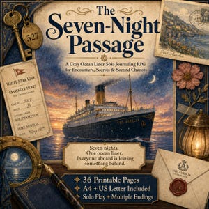 Puede incluir: Una portada de juego titulada The Seven-Night Passage que muestra un transatlántico al atardecer, un billete de pasajero de White Star Line, una llave antigua, una pluma estilográfica, un sobre sellado, un farol y una postal de Port Aurelia.