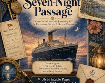 May include: A game cover titled The Seven-Night Passage featuring an ocean liner at sunset, a White Star Line passenger ticket, a vintage key, a fountain pen, a sealed envelope, a lantern, and a postcard of Port Aurelia with text details.